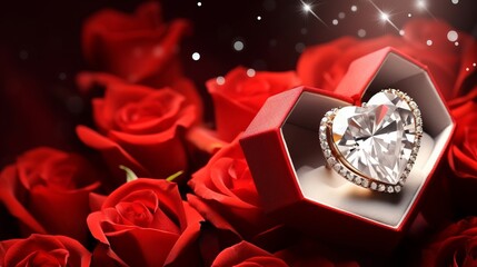 Sparkling Love: Heart Diamond and Roses in an Opened Gift Box - A Symbol of Romance and Luxury