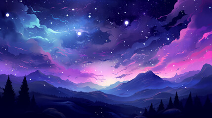 Obraz premium Illustrated landscape with stars, purple and blue hues
