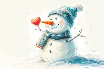 Snowman sketch, Valentine's day concept. Background with selective focus and copy space