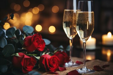 Champagne in the romantic atmosphere of lovers. Background with selective focus and copy space