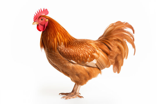 A high-quality image showcasing a vibrant, healthy rooster in full profile. The rooster, with its glossy feathers, stands out against a clean white background