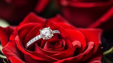 Enchanting Elegance: Sparkling Diamond Ring Unveiled in a Luxurious Package, Embraced by a Scarlet Rose