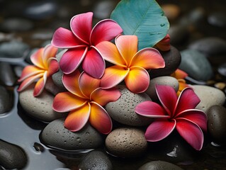 Obraz na płótnie Canvas Generative AI image of spa stones with frangipani Bright color