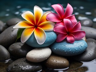 Obraz na płótnie Canvas Generative AI image of spa stones with frangipani Bright color