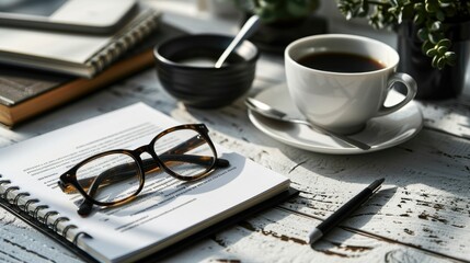 close up of work desk with coffee cup, papers, reading glasses and pen - Powered by Adobe