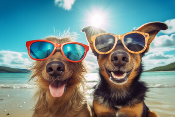 two dogs with sunglasses taking selfie on a sandy beach. High quality photo