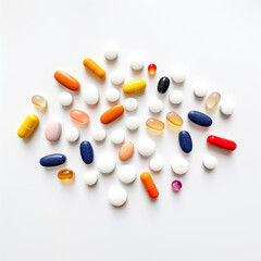 Overhead view of assorted colorful medicine pills on white.
