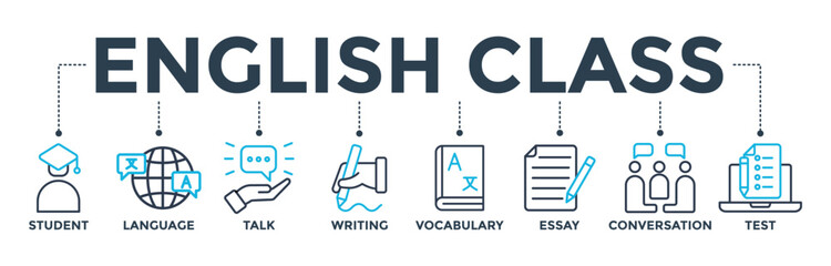 English class banner concept with icon of student, language, talk, writing, vocabulary, essay, conversation, test. Web icon vector illustration  - obrazy, fototapety, plakaty