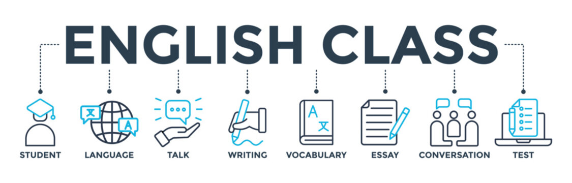 English class banner concept with icon of student, language, talk, writing, vocabulary, essay, conversation, test. Web icon vector illustration 