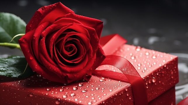 Passion Blooms: A Timeless Gesture of Love - Red Rose and Giftbox Stock Image