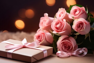 Love Blossoms: Exquisite Valentine's Day Gift with Pink Roses and Greeting Card, Captured in Immaculate Lighting - A Picture Perfect Moment