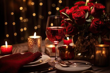 Intimate Valentine's Day Dinner Setup with Candles, Wine, and Romantic Decor