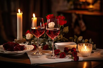 Elegant Valentine's Day Dinner Table with Soft Candlelight and Beautiful Floral Decor