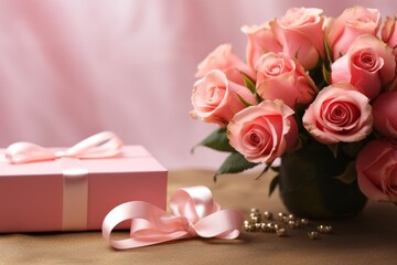 Obraz na płótnie Canvas Love Blossoms: Exquisite Valentine's Day Gift with Pink Roses and Greeting Card, Captured in Immaculate Lighting - A Picture Perfect Moment