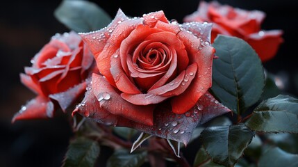 Frozen Elegance: Mesmerizing Rose Enveloped in Glistening Ice on a Mysterious Black Canvas