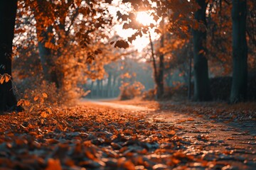 An autumnal park with neon copper veins in the leaves and paths, offering a monochromatic copper fall view, distant park areas blurred