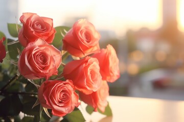 Enchanting Love: Blurry Couple Embracing amidst a Rose Bouquet, Bathed in Natural Lighting - HDR Stock Image