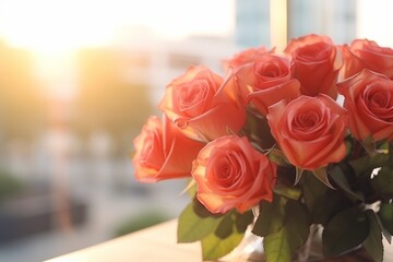 Enchanting Love: Blurry Couple Embracing amidst a Rose Bouquet, Bathed in Natural Lighting - HDR Stock Image