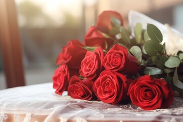 Enchanting Love: Blurry Couple Embracing amidst a Rose Bouquet, Bathed in Natural Lighting - HDR Stock Image