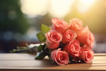 Obraz premium Enchanting Love: Blurry Couple Embracing amidst a Rose Bouquet, Bathed in Natural Lighting - HDR Stock Image