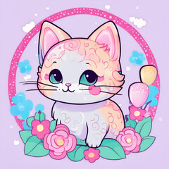 Colourful cartoon style cute kitten