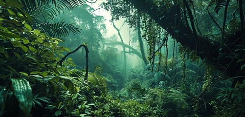 A lush green rainforest with neon forest canopy green veins highlighting the dense foliage