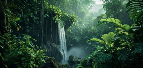 A lush tropical jungle waterfall with neon jungle green veins cascading with the water, creating a vibrant monochromatic jungle green paradise, distant jungle softly blurred