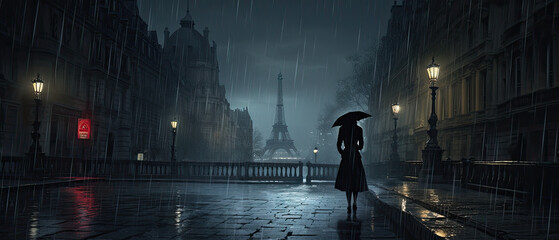 Mysterious Figure Walking Alone in the Rain on a Parisian Street with the Eiffel Tower in the Background