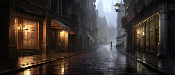 Fototapeta na wymiar Mystical Rain-Swept Street with a Lone Figure Walking Under an Umbrella Amidst Gothic Architecture