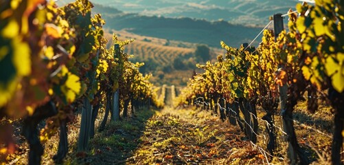 A lush vineyard in early autumn, neon vineyard gold veins in the grapevines and leaves, creating a...