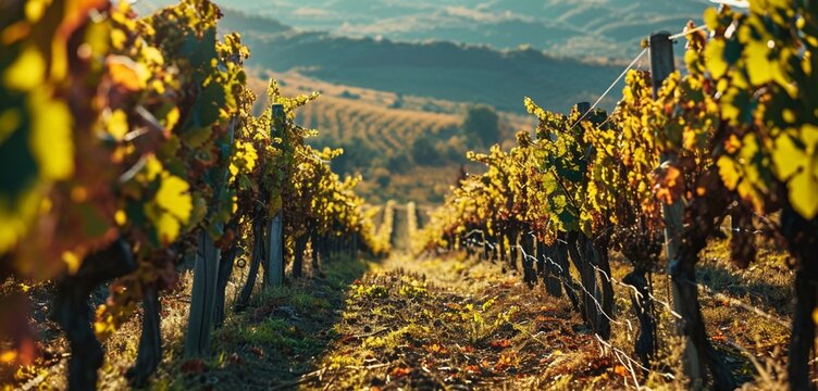 A lush vineyard in early autumn, neon vineyard gold veins in the grapevines and leaves, creating a picturesque monochromatic vineyard gold agricultural view, distant hills softly blurred