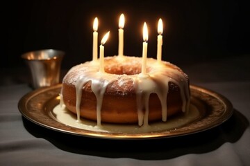 A round cake with candles on top, placed on a dish and isolated. Generative AI