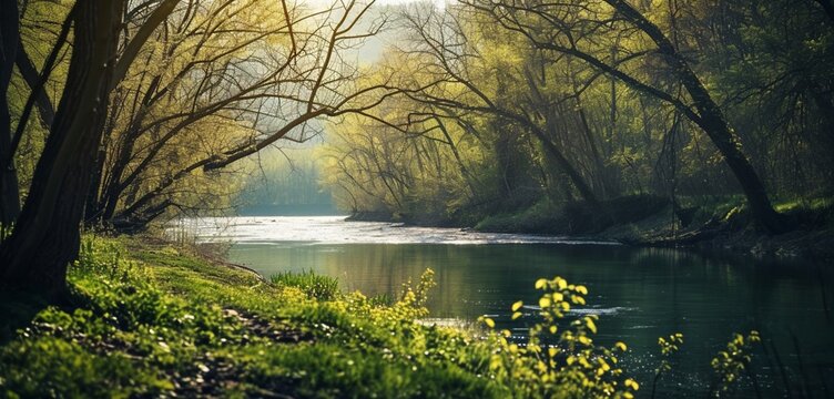 A peaceful riverside in early spring, neon spring river green veins in the budding trees and water, creating a refreshing monochromatic spring river green view, distant riverbanks elegantly blurred