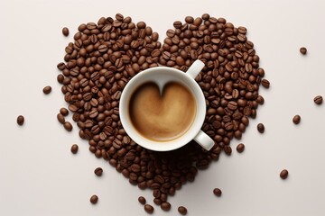 Coffee lover. Heart shape of coffee beans and paper cup on white background. Valentine's Day card. Generative AI