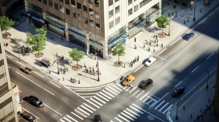 Fototapeta premium Urban Crossroads: Captivating Skyscraper Corner Revealing the Vibrant Pulse of City Life