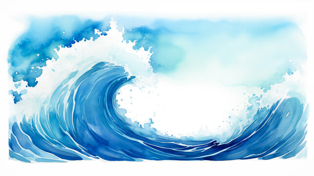 Abstract watercolor ocean water wave isolated on white background with foam spray aqua splash. Painted fun, happy ocean wave in blue, teal, turquoise colors. Marine element with copy space by Vita