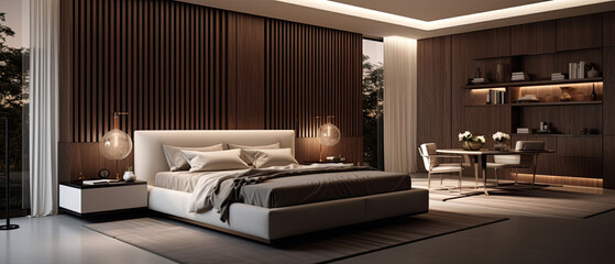 Sophisticated Bedroom Interior with Sleek Modern Furniture and Warm Wooden Accents