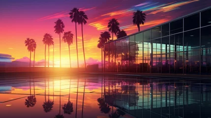 Foto op Plexiglas Serenity in the Concrete Jungle: Captivating Glass Office Building Embraces Vibrant Sunset Hues, Palm Tree Silhouettes Add Tropical Flair © ASoullife