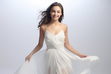 a 3D fashion model gracefully soars against a light gray backdrop. Draped in a long silk gown with chiffon fabric, she embodies creativity in a pure white dress. Generative AI.