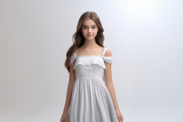 Naklejka premium a 3D fashion model gracefully soars against a light gray backdrop. Draped in a long silk gown with chiffon fabric, she embodies creativity in a pure white dress. Generative AI.