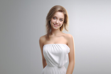 a 3D fashion model gracefully soars against a light gray backdrop. Draped in a long silk gown with chiffon fabric, she embodies creativity in a pure white dress. Generative AI.