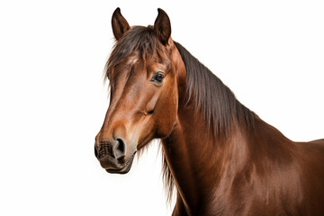 Obraz premium Bay Holsteiner Horse close-up portrait on a white background.