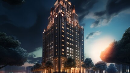Twilight Brilliance: Illuminating the Majestic Art Deco Skyscraper in Historic Splendor