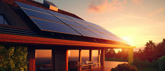 Large solar panels on a house with sun in background - obrazy, fototapety, plakaty