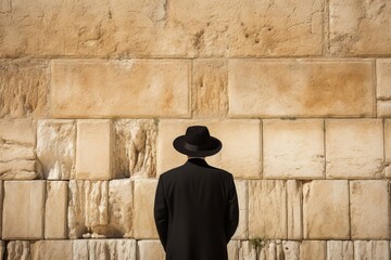 Generative AI image of  a man is standing at the western wall of the temple