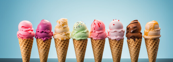 A delightful variety of colorful ice cream cones stand in a row against a soft blue backdrop, offering a tempting array of flavors.