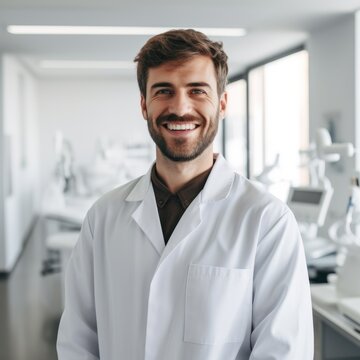 Generative AI image of Caucasian man dentist smiling while standing in dental clinic
