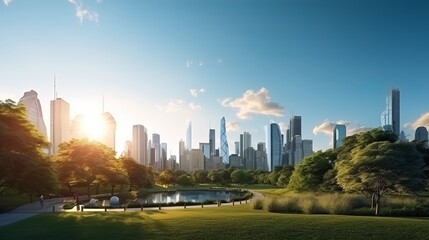 Fototapeta na wymiar Golden Hour Serenity: Nature's Dance with the Urban Skyline in a Captivating City Park
