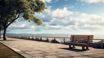 Fototapeta na wymiar Tranquil Seaside Retreat: Serene Boardwalk Benches for Urban Escapists