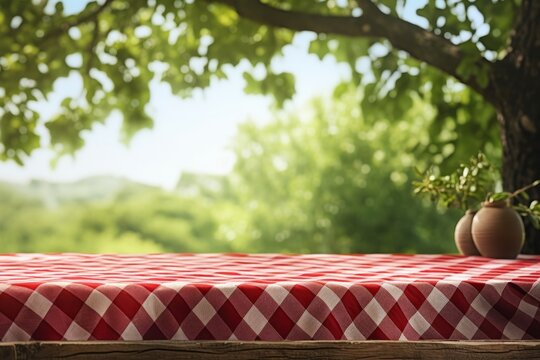 Generative AI image of red checkered picnic cloth on wooden outdoor table